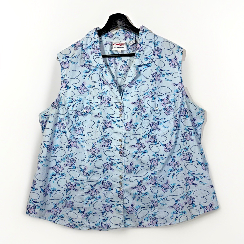Horse Print Pearl Snap Sleeveless Shirt Womens 2X Cowboy Roper Pink Blue Western
